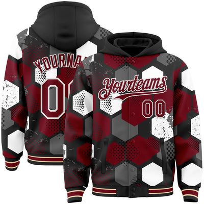 Custom Black Crimson-White Geometric Shape Bomber Full-Snap Varsity Letterman Hoodie Jacket