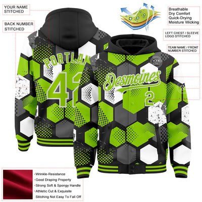 Custom Black Neon Green-White Geometric Shape Bomber Full-Snap Varsity Letterman Hoodie Jacket