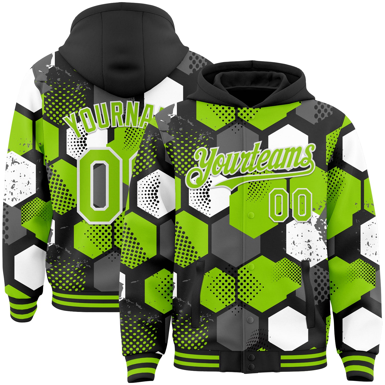 Custom Black Neon Green-White Geometric Shape Bomber Full-Snap Varsity Letterman Hoodie Jacket
