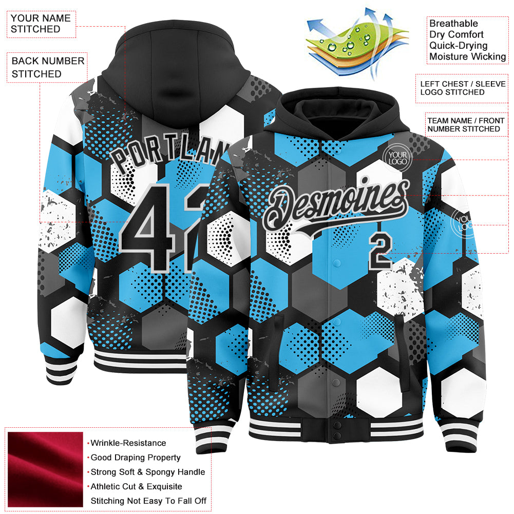 Custom Black Sky Blue-White Geometric Shape Bomber Full-Snap Varsity Letterman Hoodie Jacket