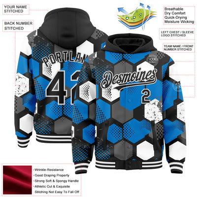 Custom Black Powder Blue-White Geometric Shape Bomber Full-Snap Varsity Letterman Hoodie Jacket