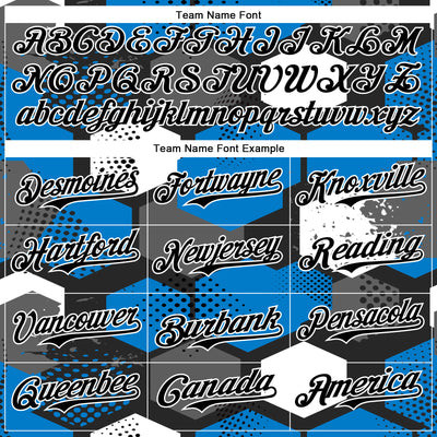 Custom Black Powder Blue-White Geometric Shape Bomber Full-Snap Varsity Letterman Hoodie Jacket