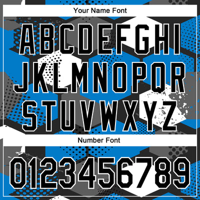 Custom Black Powder Blue-White Geometric Shape Bomber Full-Snap Varsity Letterman Hoodie Jacket