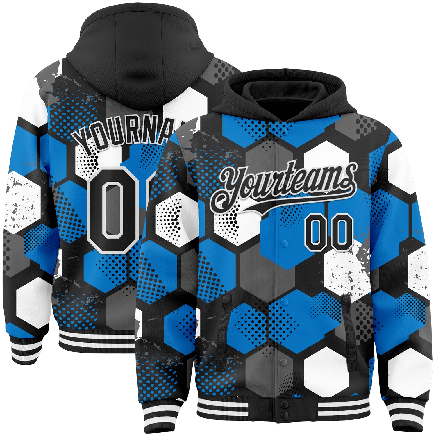 Custom Black Powder Blue-White Geometric Shape Bomber Full-Snap Varsity Letterman Hoodie Jacket
