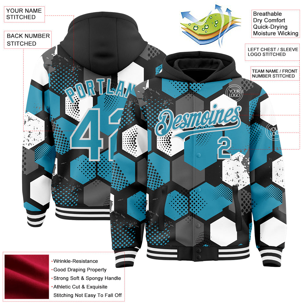 Custom Black Panther Blue-White Geometric Shape Bomber Full-Snap Varsity Letterman Hoodie Jacket