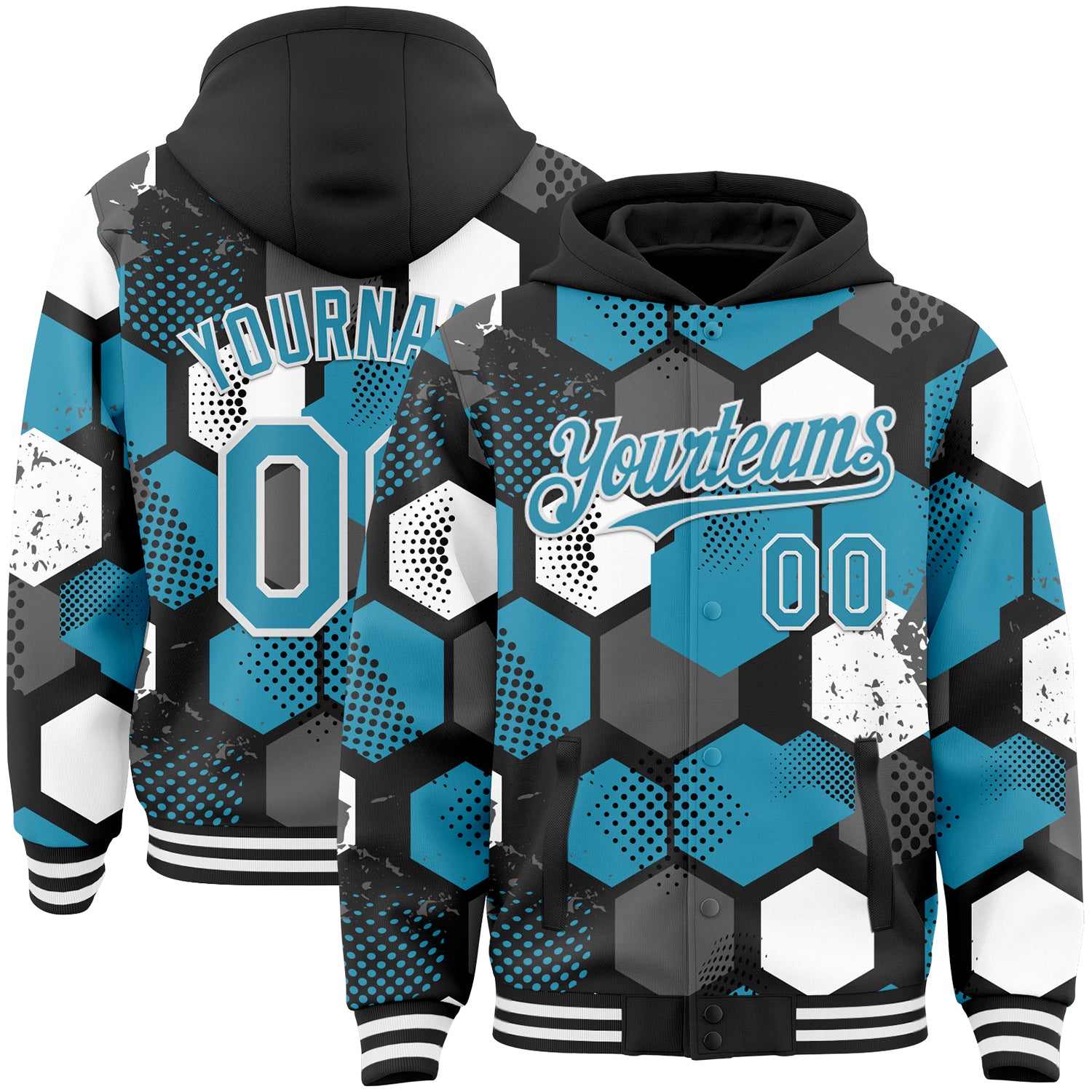 Custom Black Panther Blue-White Geometric Shape Bomber Full-Snap Varsity Letterman Hoodie Jacket