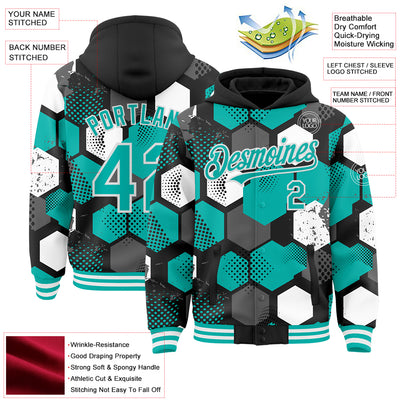 Custom Black Aqua-White Geometric Shape Bomber Full-Snap Varsity Letterman Hoodie Jacket
