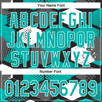 Custom Black Aqua-White Geometric Shape Bomber Full-Snap Varsity Letterman Hoodie Jacket