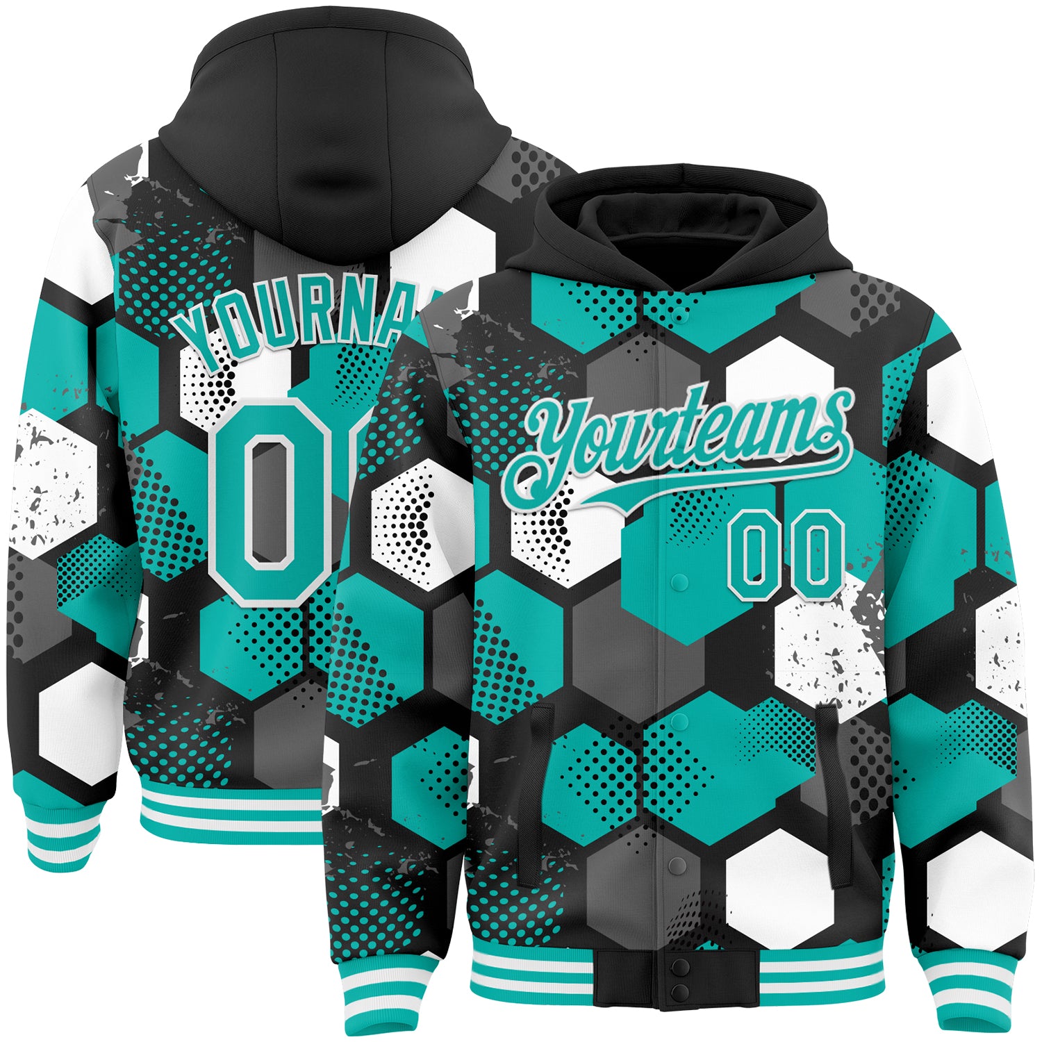 Custom Black Aqua-White Geometric Shape Bomber Full-Snap Varsity Letterman Hoodie Jacket