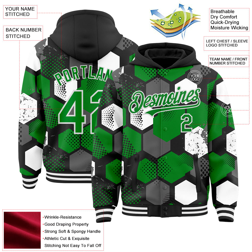 Custom Black Grass Green-White Geometric Shape Bomber Full-Snap Varsity Letterman Hoodie Jacket
