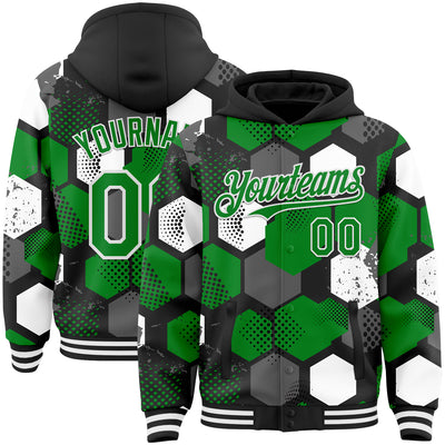 Custom Black Grass Green-White Geometric Shape Bomber Full-Snap Varsity Letterman Hoodie Jacket
