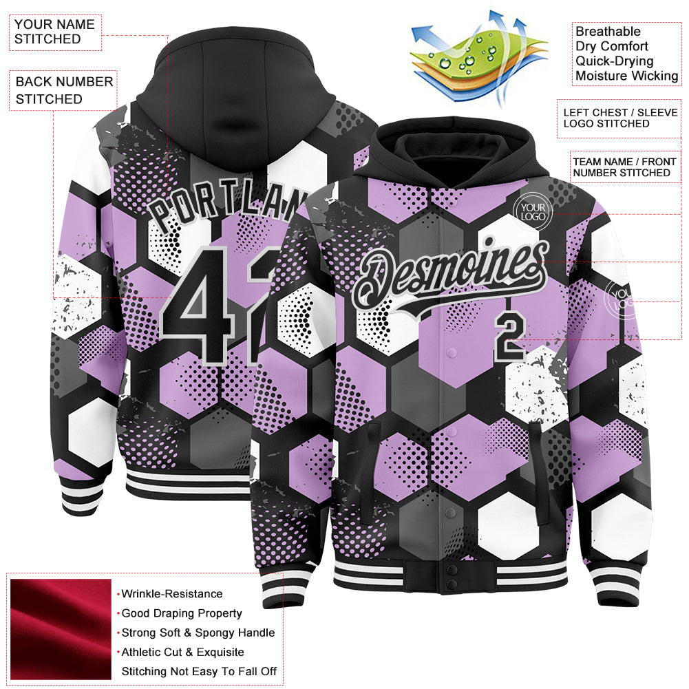 Custom Black Light Purple-White Geometric Shape Bomber Full-Snap Varsity Letterman Hoodie Jacket