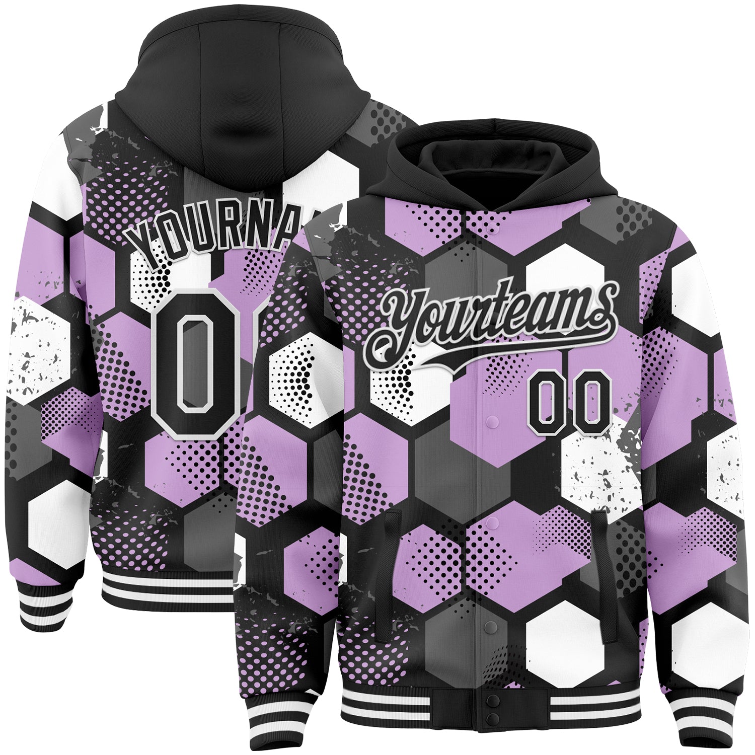 Custom Black Light Purple-White Geometric Shape Bomber Full-Snap Varsity Letterman Hoodie Jacket