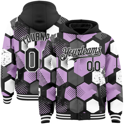Custom Black Light Purple-White Geometric Shape Bomber Full-Snap Varsity Letterman Hoodie Jacket