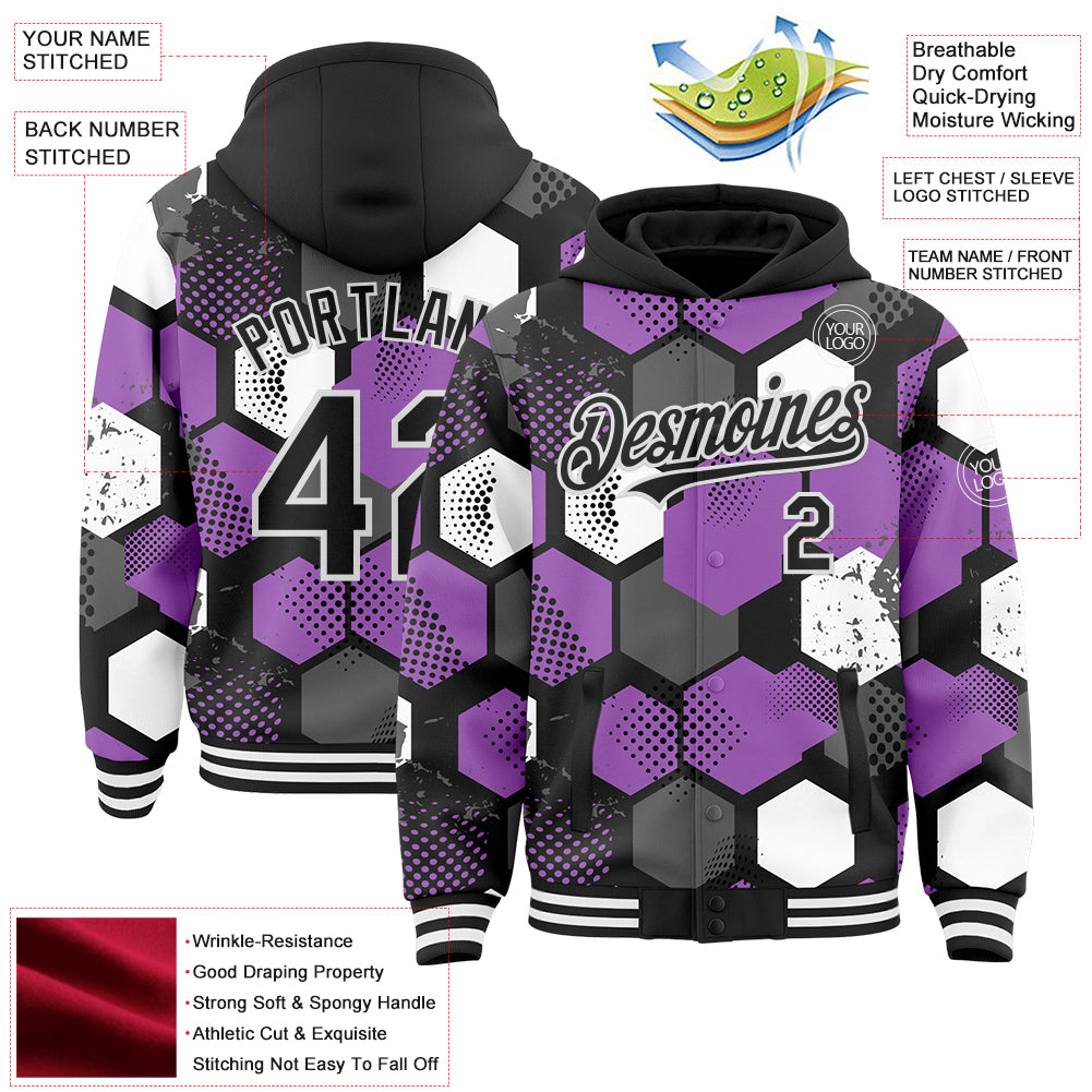 Custom Black Medium Purple-White Geometric Shape Bomber Full-Snap Varsity Letterman Hoodie Jacket