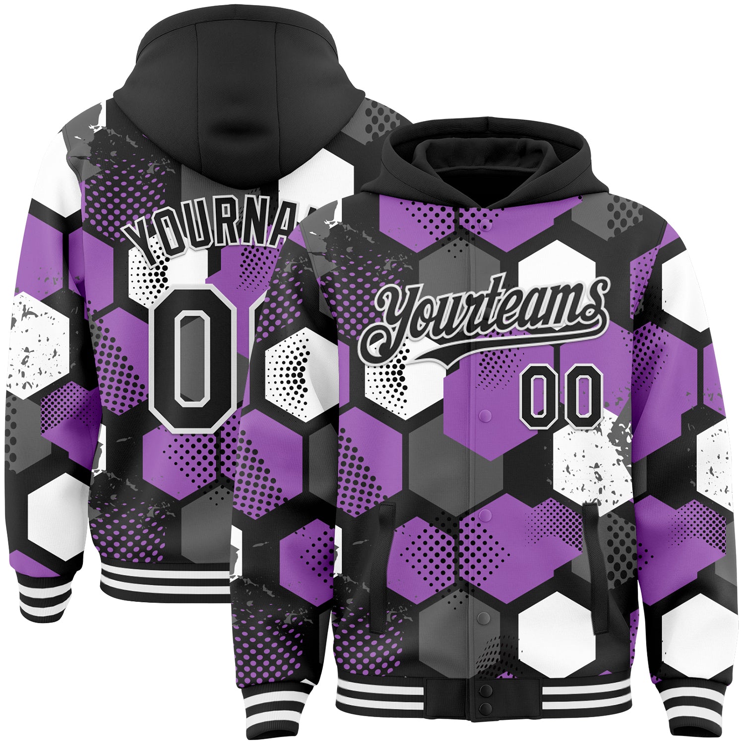 Custom Black Medium Purple-White Geometric Shape Bomber Full-Snap Varsity Letterman Hoodie Jacket