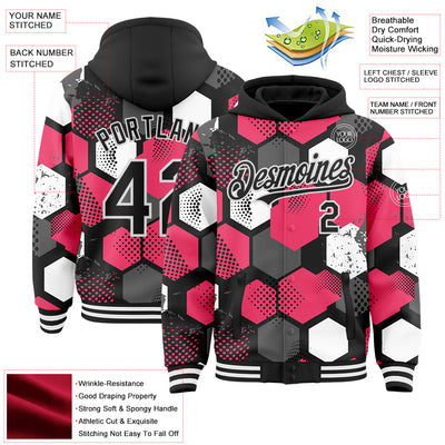 Custom Black Neon Pink-White Geometric Shape Bomber Full-Snap Varsity Letterman Hoodie Jacket