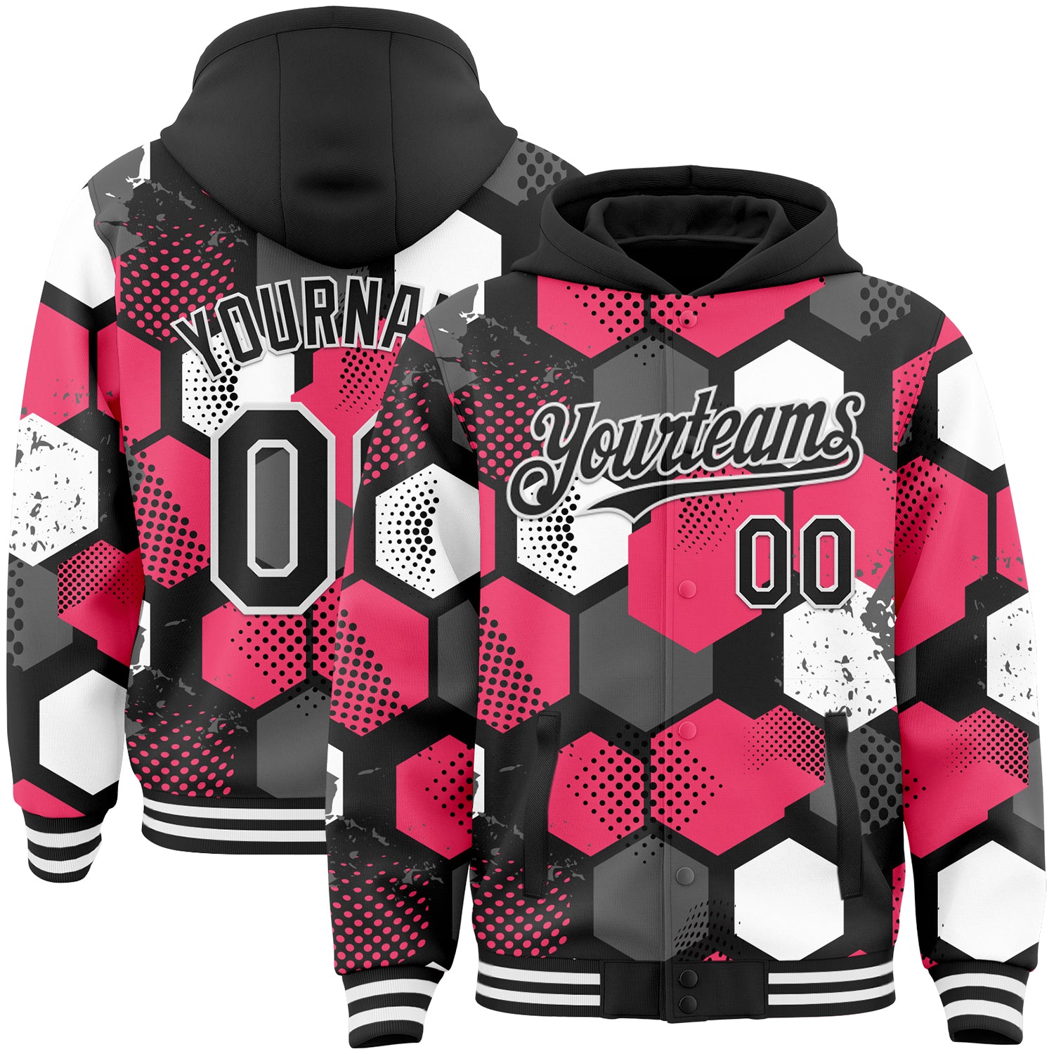 Custom Black Neon Pink-White Geometric Shape Bomber Full-Snap Varsity Letterman Hoodie Jacket