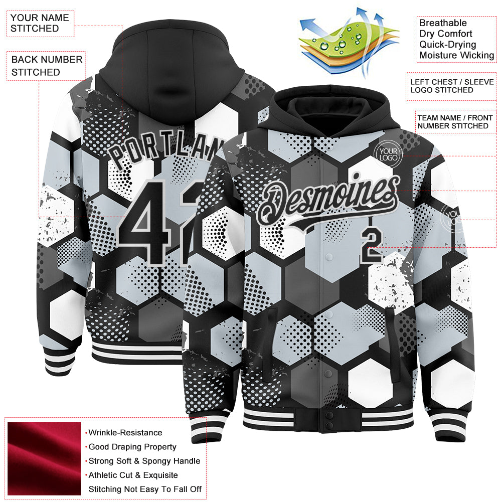Custom Black Silver-White Geometric Shape Bomber Full-Snap Varsity Letterman Hoodie Jacket