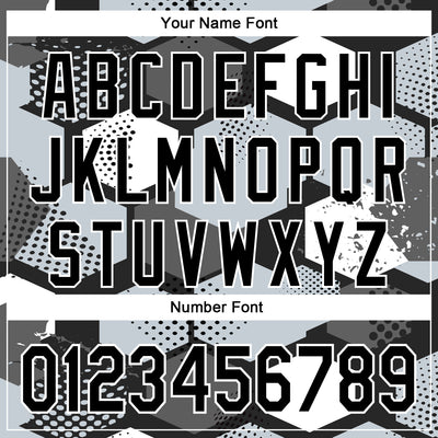 Custom Black Silver-White Geometric Shape Bomber Full-Snap Varsity Letterman Hoodie Jacket