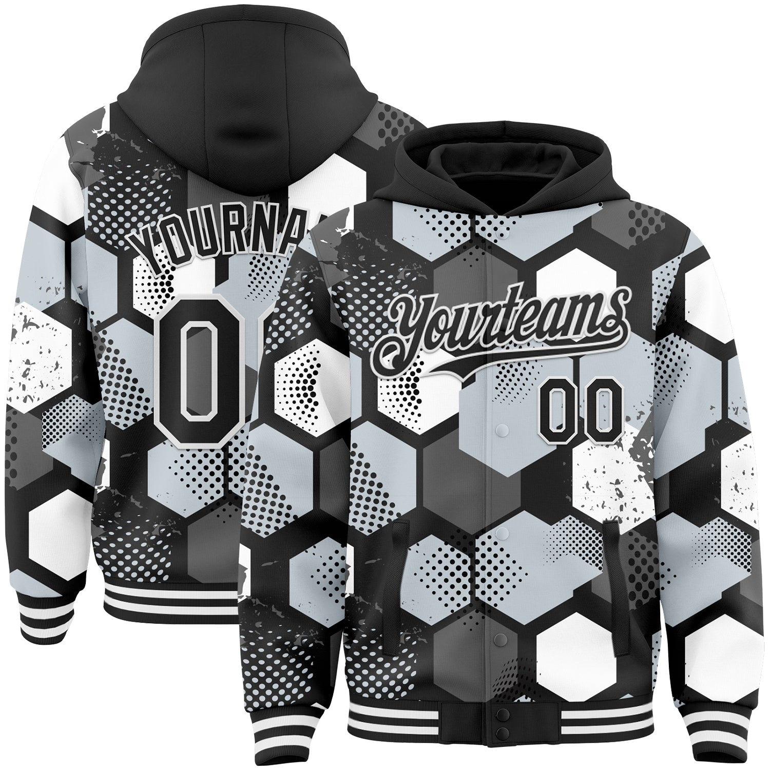 Custom Black Silver-White Geometric Shape Bomber Full-Snap Varsity Letterman Hoodie Jacket