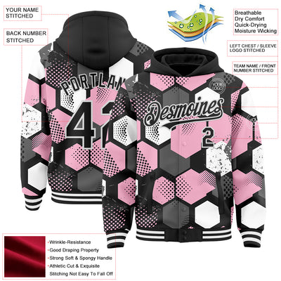 Custom Black Light Pink-White Geometric Shape Bomber Full-Snap Varsity Letterman Hoodie Jacket