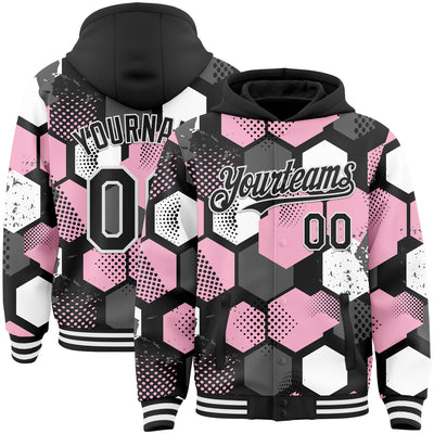Custom Black Light Pink-White Geometric Shape Bomber Full-Snap Varsity Letterman Hoodie Jacket