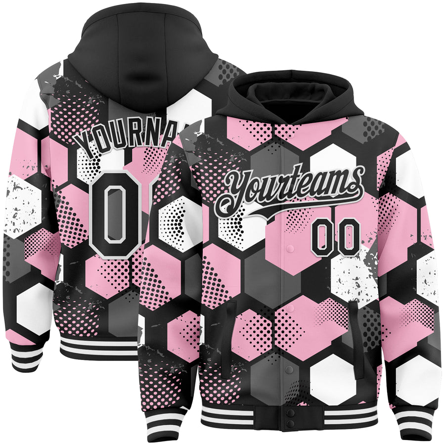 Custom Black Light Pink-White Geometric Shape Bomber Full-Snap Varsity Letterman Hoodie Jacket