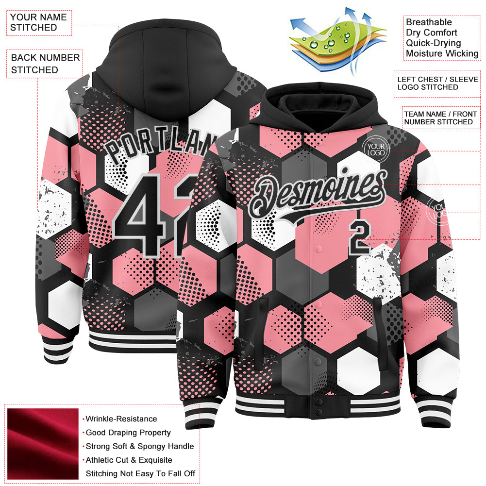 Custom Black Medium Pink-White Geometric Shape Bomber Full-Snap Varsity Letterman Hoodie Jacket