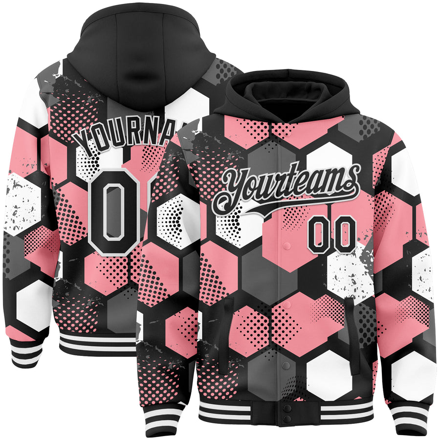 Custom Black Medium Pink-White Geometric Shape Bomber Full-Snap Varsity Letterman Hoodie Jacket