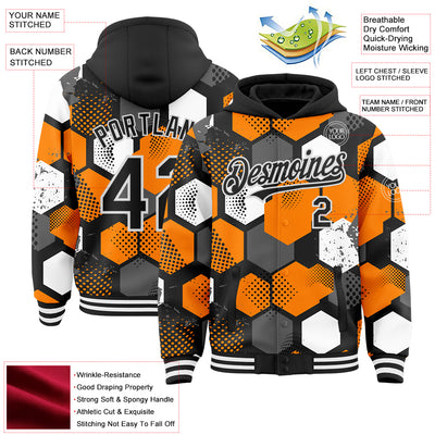 Custom Black Bay Orange-White Geometric Shape Bomber Full-Snap Varsity Letterman Hoodie Jacket