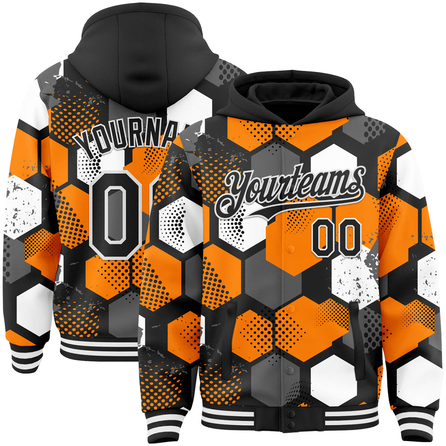 Custom Black Bay Orange-White Geometric Shape Bomber Full-Snap Varsity Letterman Hoodie Jacket