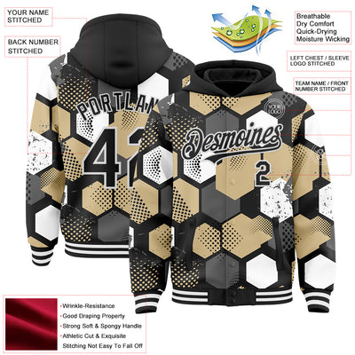 Custom Black Vegas Gold-White Geometric Shape Bomber Full-Snap Varsity Letterman Hoodie Jacket