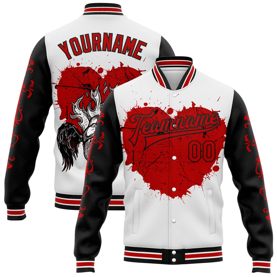 Custom White Red-Black Gothic Grunge Splash Heart Bomber Full-Snap Varsity Letterman Jacket
