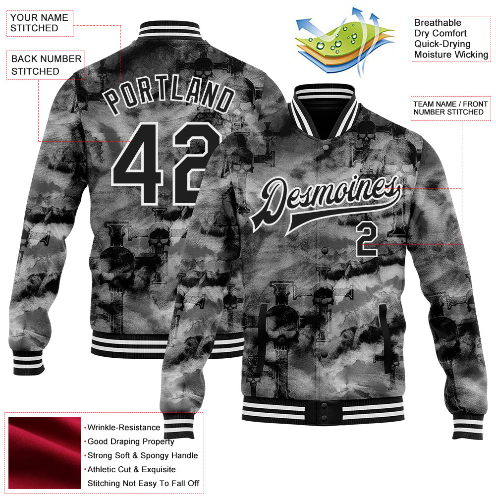 Custom Tie Dye Black-White Gothic Crosses Bomber Full-Snap Varsity Letterman Jacket