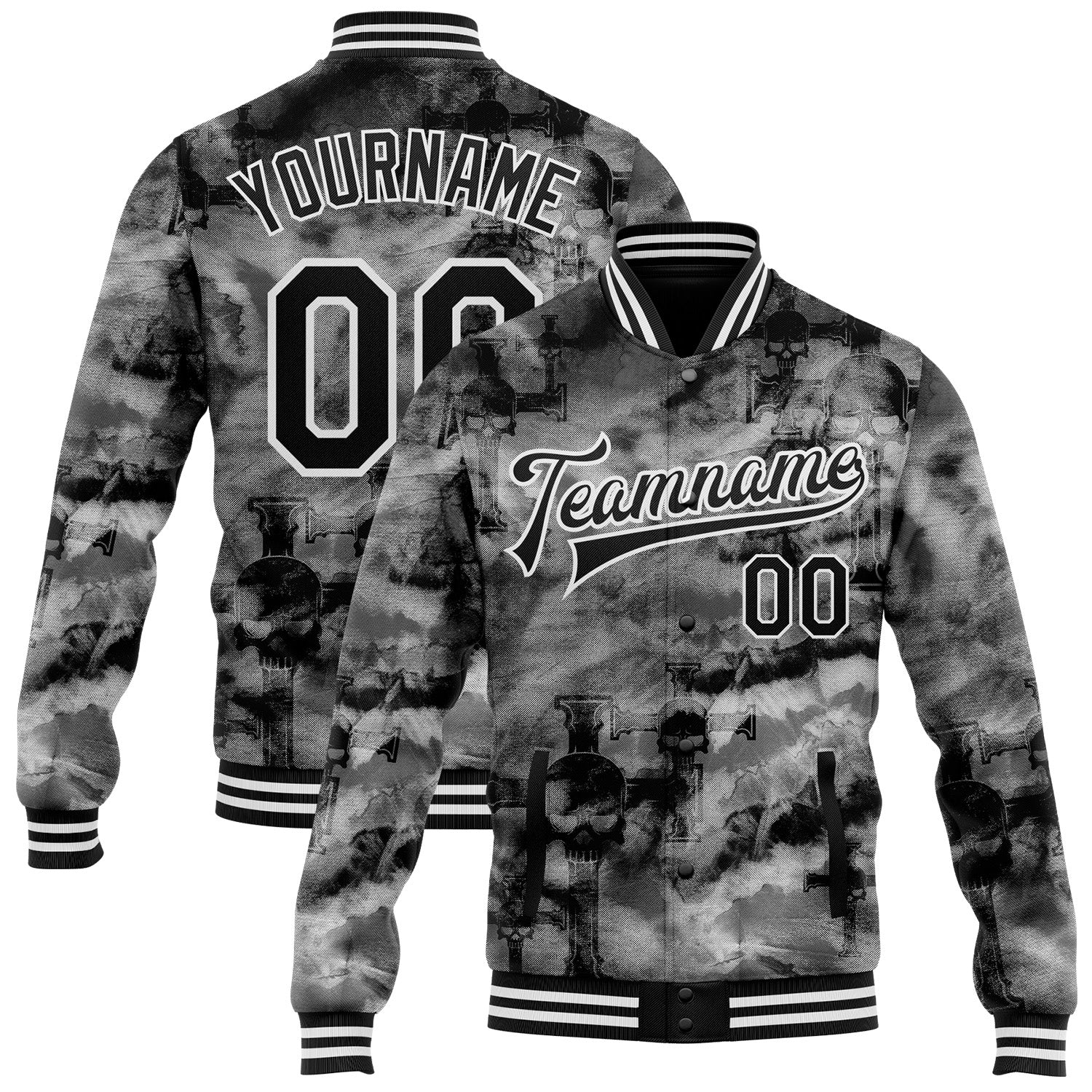 Custom Tie Dye Black-White Gothic Crosses Bomber Full-Snap Varsity Letterman Jacket