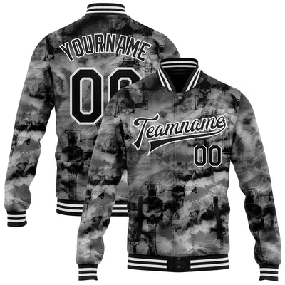 Custom Tie Dye Black-White Gothic Crosses Bomber Full-Snap Varsity Letterman Jacket