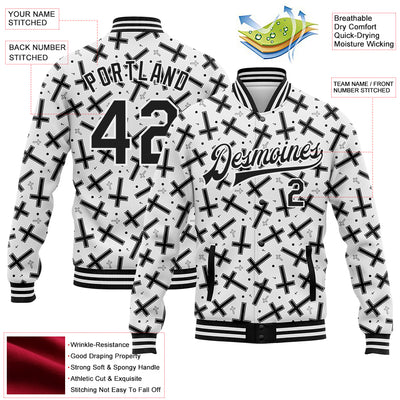 Custom White Black Gothic Crosses Bomber Full-Snap Varsity Letterman Jacket