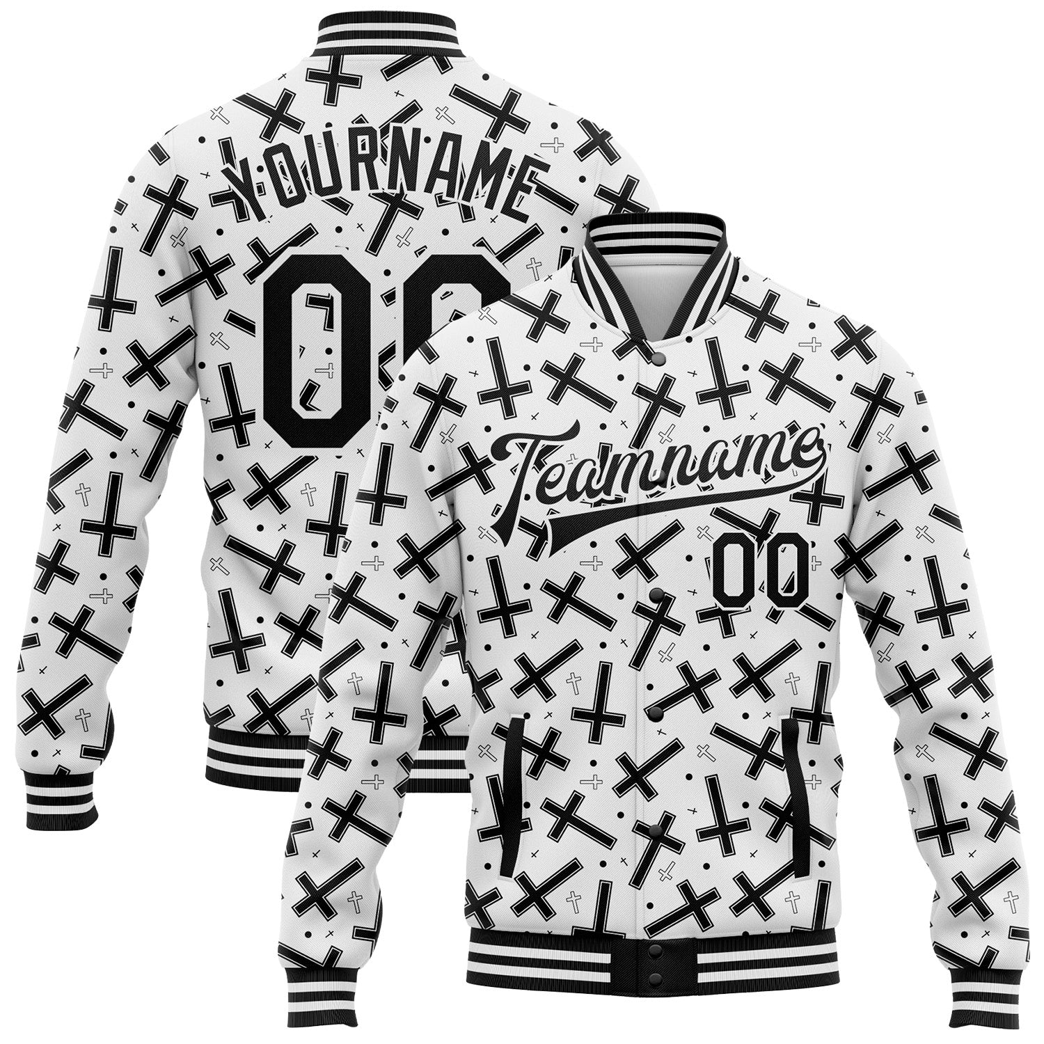 Custom White Black Gothic Crosses Bomber Full-Snap Varsity Letterman Jacket