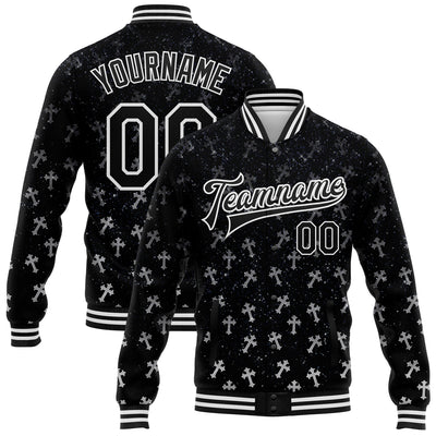 Custom Black White Gothic Glitter Crosses Bomber Full-Snap Varsity Letterman Jacket