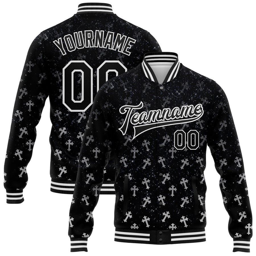 Custom Black White Gothic Glitter Crosses Bomber Full-Snap Varsity Letterman Jacket