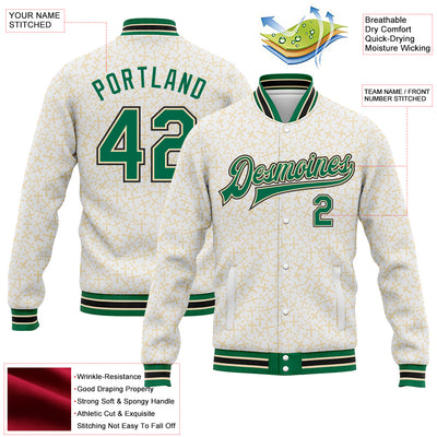 Custom White Kelly Green Cream-Black Crosses Bomber Full-Snap Varsity Letterman Jacket