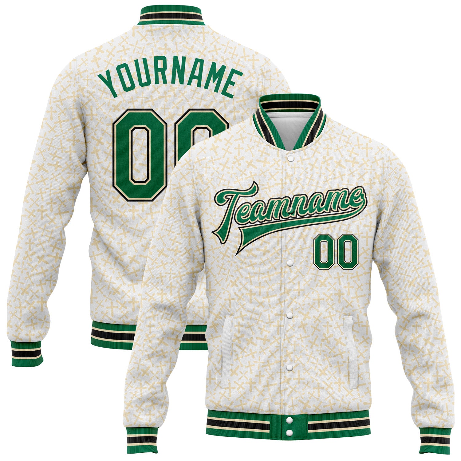Custom White Kelly Green Cream-Black Crosses Bomber Full-Snap Varsity Letterman Jacket