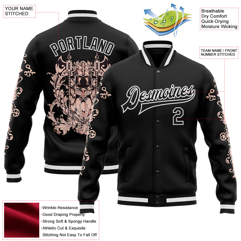 Custom Black White Gothic Skull Bomber Full-Snap Varsity Letterman Jacket