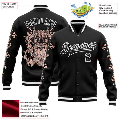 Custom Black White Gothic Skull Bomber Full-Snap Varsity Letterman Jacket