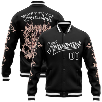 Custom Black White Gothic Skull Bomber Full-Snap Varsity Letterman Jacket