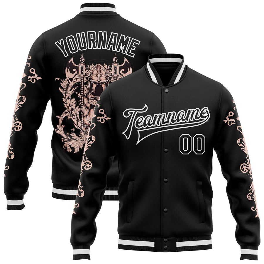 Custom Black White Gothic Skull Bomber Full-Snap Varsity Letterman Jacket
