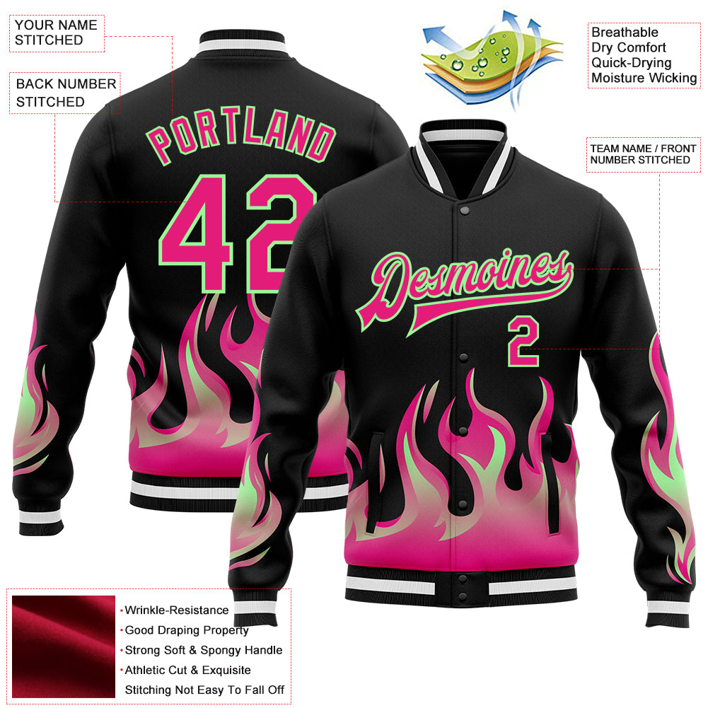 Custom Black Hot Pink Pea Green-White Flame Bomber Full-Snap Varsity Letterman Jacket