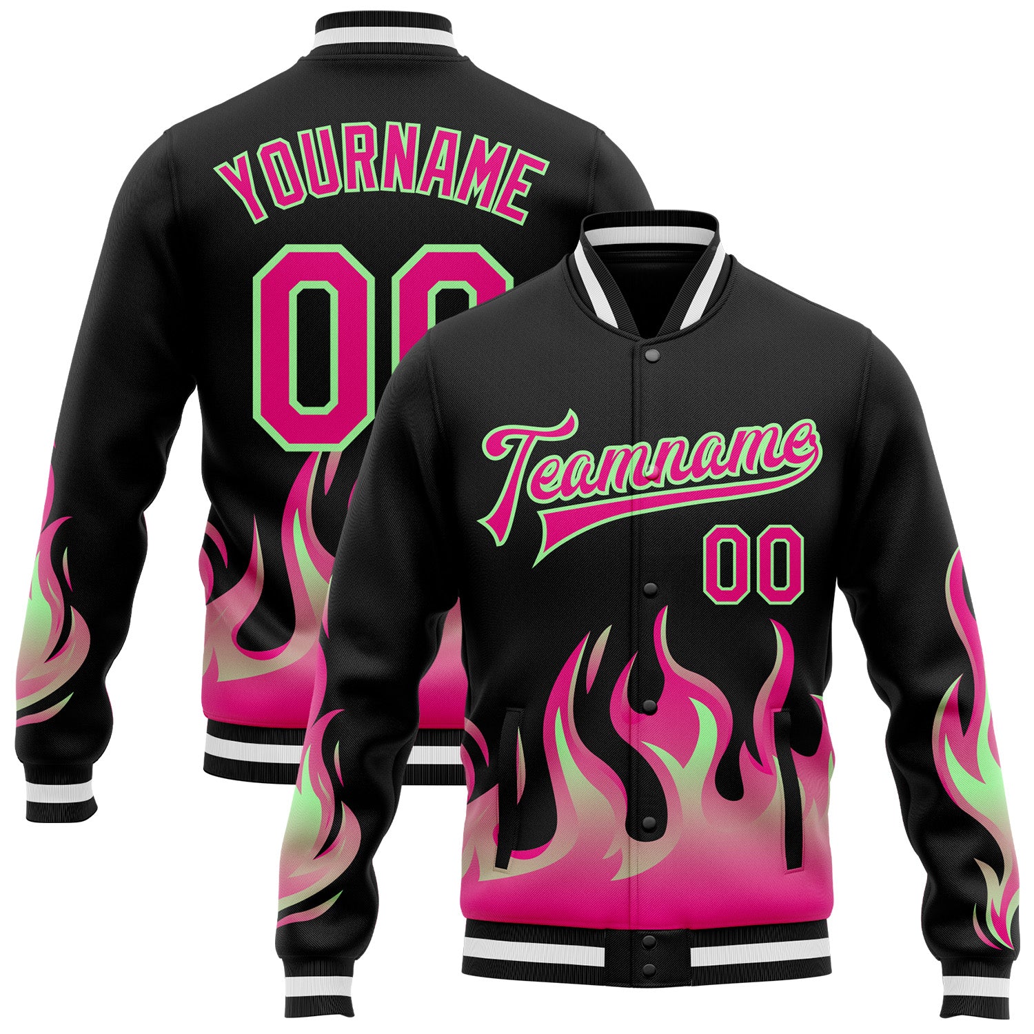 Custom Black Hot Pink Pea Green-White Flame Bomber Full-Snap Varsity Letterman Jacket