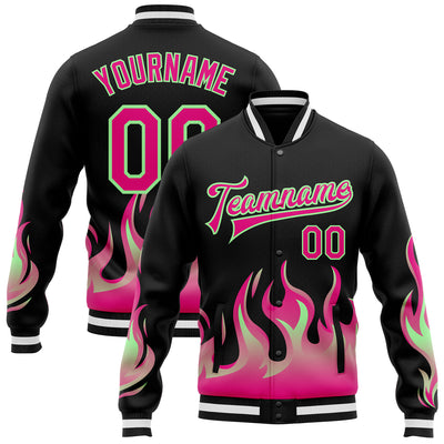Custom Black Hot Pink Pea Green-White Flame Bomber Full-Snap Varsity Letterman Jacket